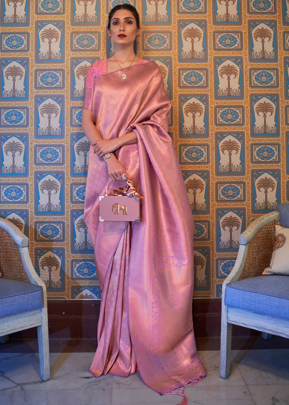 kumbhi petals pink blended silk zari weave soft saree