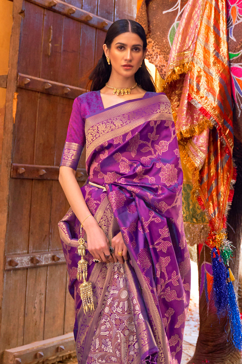 koram purple blended silk zari weave soft saree