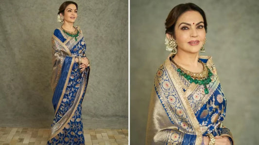 Nita Ambani’s Regal Blue Katan Saree: Timeless Elegance, Now Available at Vastradhara