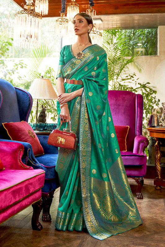 KALLAVI GREEN BLENDED SILK ZARI WEAVE SOFT SAREE