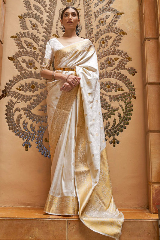 KALANDI WHITE BLENDED SILK ZARI WEAVE SOFT SAREE