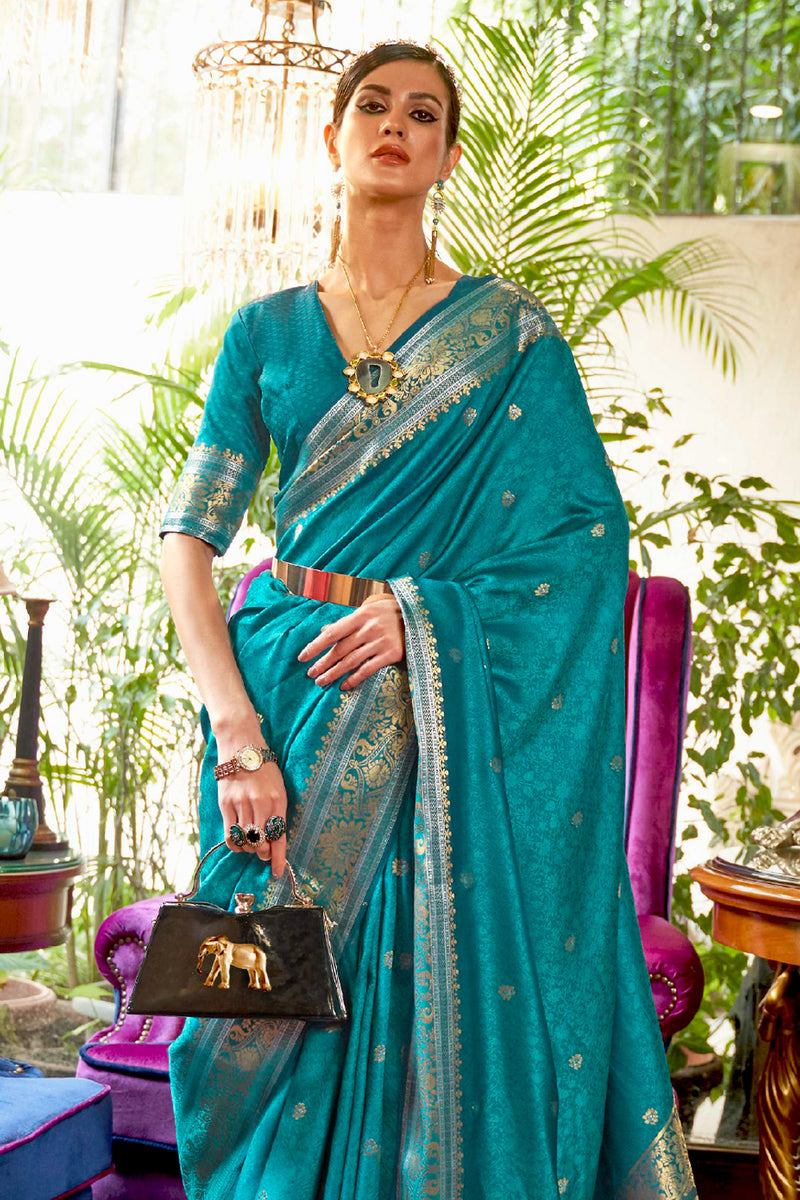 KALLAVI BLUE BLENDED SILK ZARI WEAVE SOFT SAREE