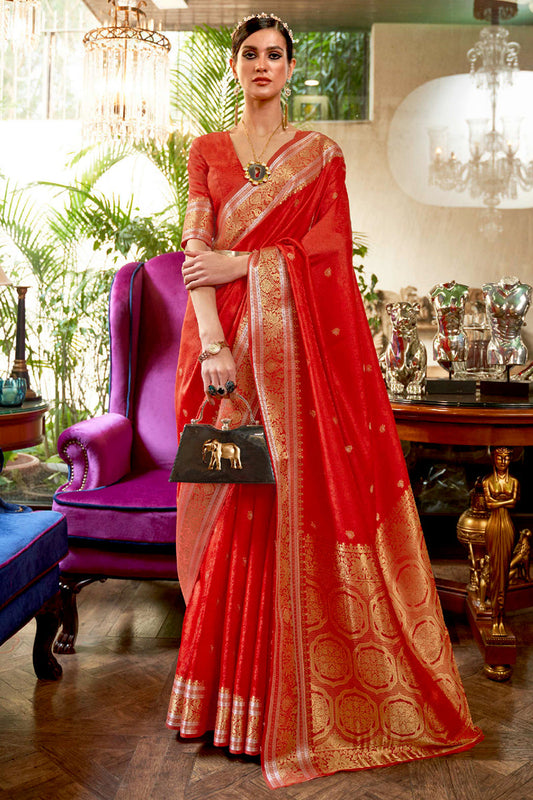 KALLAVI RED BLENDED SILK ZARI WEAVE SOFT SAREE