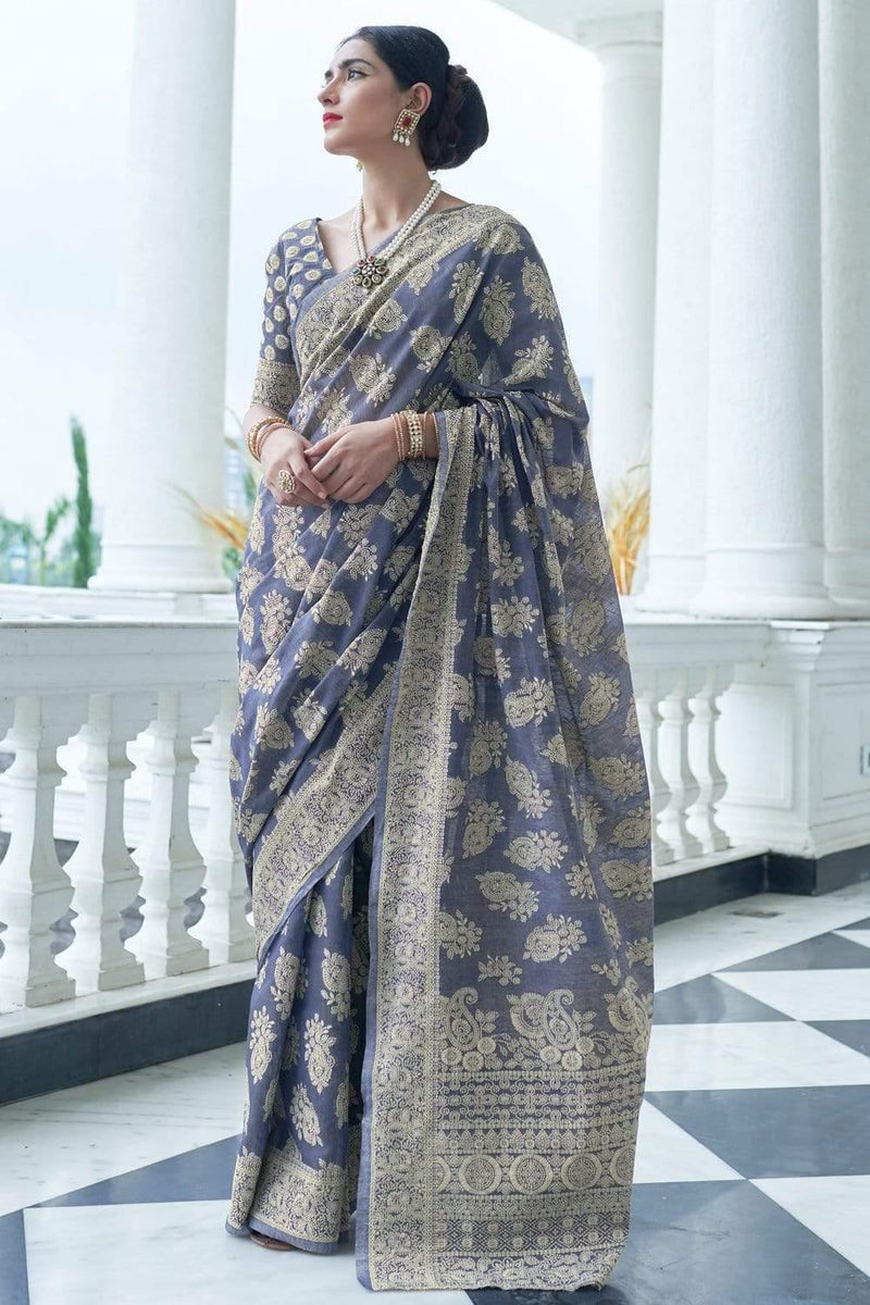 LUCKHANI BLUE BLENDED SILK ZARI WEAVE SOFT SAREE