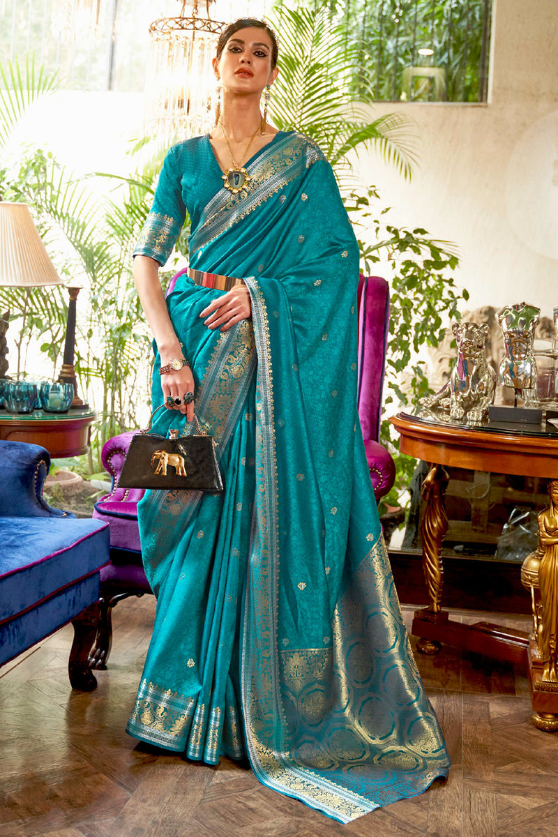 KALLAVI BLUE BLENDED SILK ZARI WEAVE SOFT SAREE